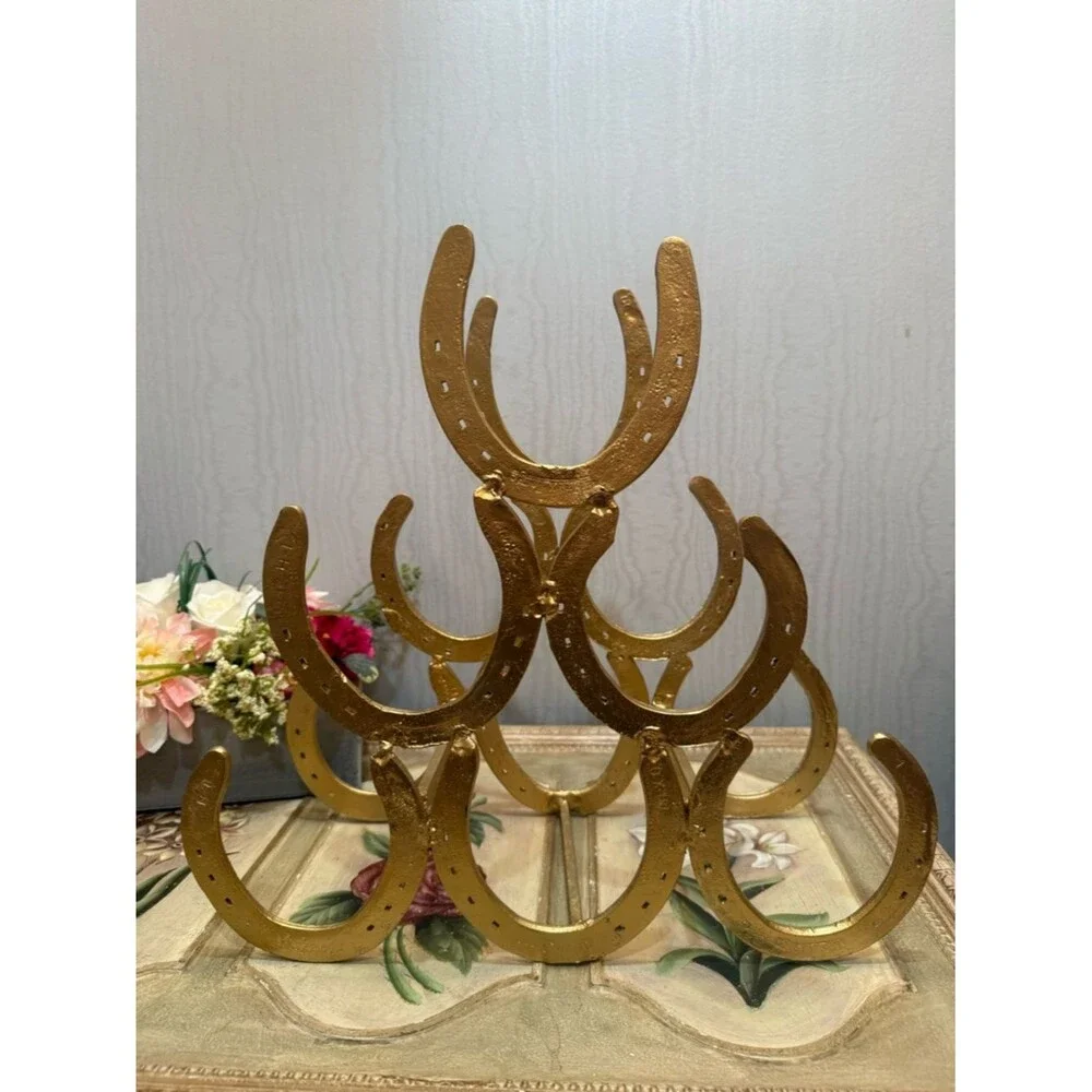 Rare Handmade Genuine Horseshoe Wine Rack Heavy Duty Six Holders Gold Color
